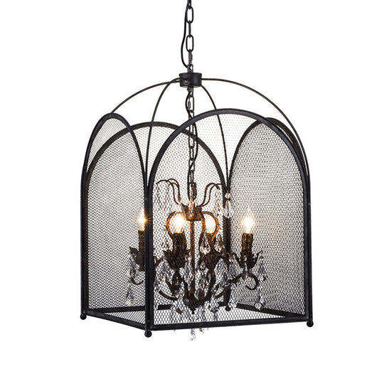 Lustre cage en maille noire moderne avec accents en cristal - Kit d'éclairage suspendu à 4 têtes pour salon