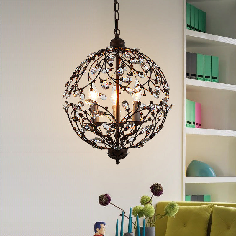 Contemporary Crystal Globe Chandelier - 3 Bulbs Black/Bronze Pendant Light For Dining Room