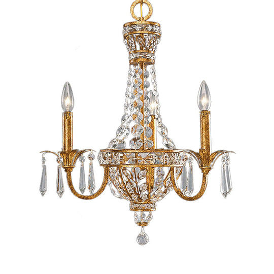 Vintage Gold Pyramid Chandelier With Crystal Accents - 3 Head Suspension Light For Living Room