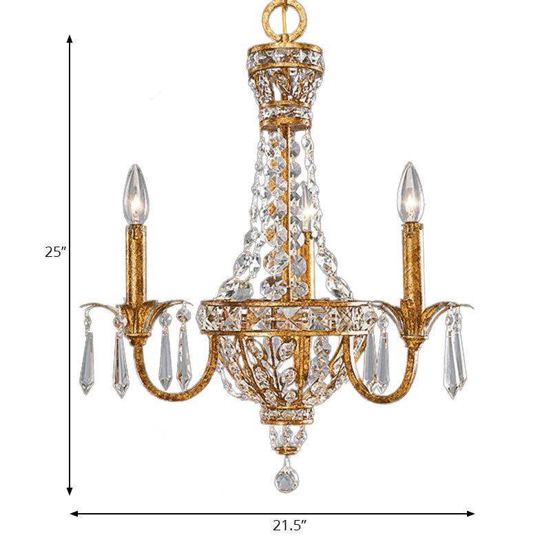 Lustre pyramidal rétro doré avec accents en cristal - 3 têtes - Suspension pour salon