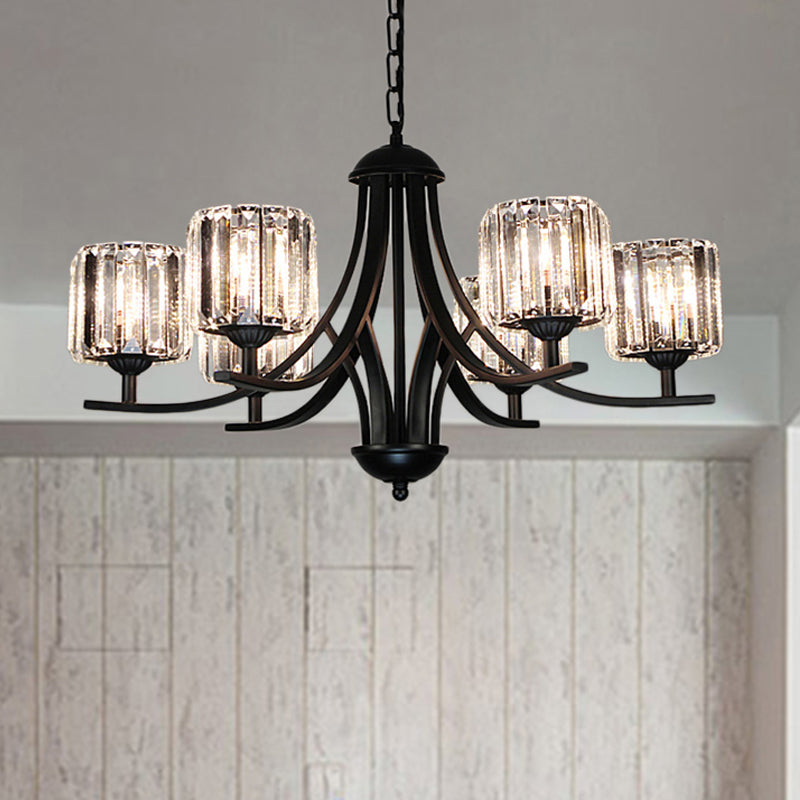 Modern Cylinder Chandelier Light With Crystal Accents - Black Finish 4/6/8 Bulb Ideal For Dining