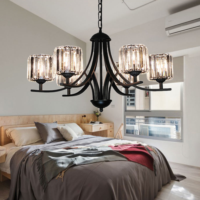 Modern Cylinder Chandelier Light With Crystal Accents - Black Finish 4/6/8 Bulb Ideal For Dining