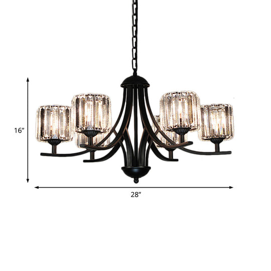 Modern Cylinder Chandelier Light With Crystal Accents - Black Finish 4/6/8 Bulb Ideal For Dining