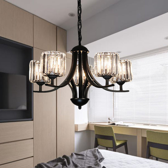 Modern Cylinder Chandelier Light With Crystal Accents - Black Finish 4/6/8 Bulb Ideal For Dining