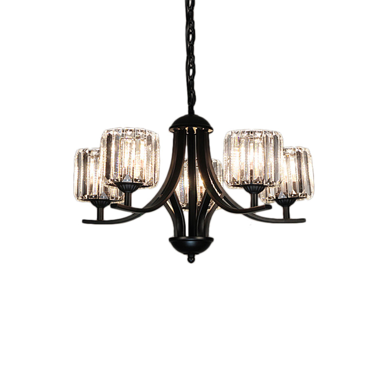 Modern Cylinder Chandelier Light With Crystal Accents - Black Finish 4/6/8 Bulb Ideal For Dining