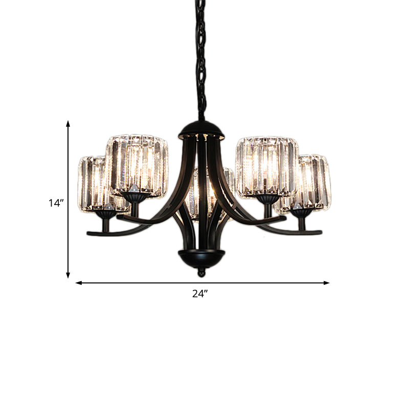 Modern Cylinder Chandelier Light With Crystal Accents - Black Finish 4/6/8 Bulb Ideal For Dining