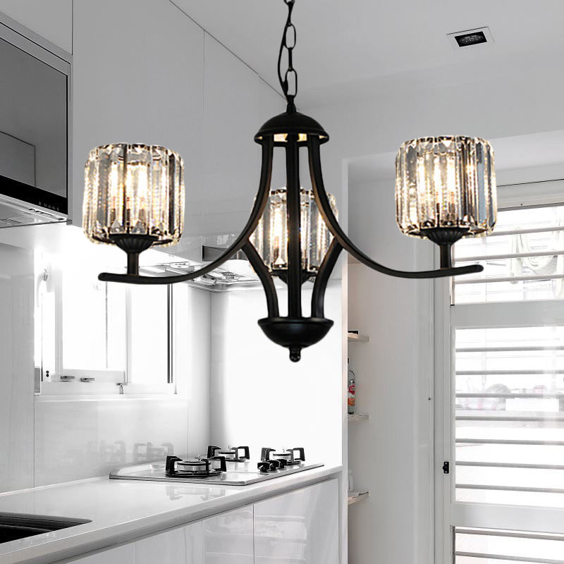 Modern Cylinder Chandelier Light With Crystal Accents - Black Finish 4/6/8 Bulb Ideal For Dining