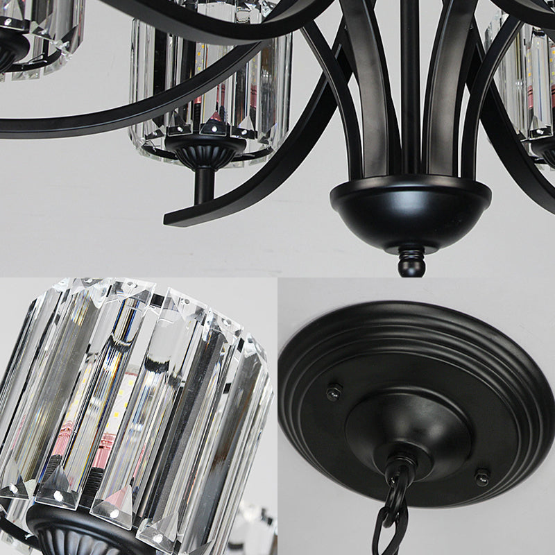 Modern Cylinder Chandelier Light With Crystal Accents - Black Finish 4/6/8 Bulb Ideal For Dining