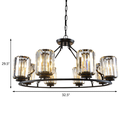 Contemporary Black Round Ceiling Chandelier With Crystal Pendant Lights - Adjustable Chain 4/6/8