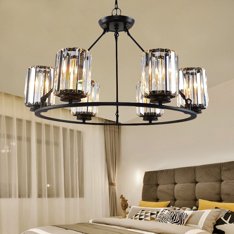 Contemporary Black Round Ceiling Chandelier With Crystal Pendant Lights - Adjustable Chain 4/6/8