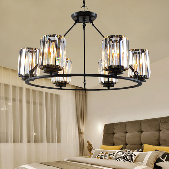 Contemporary Black Round Ceiling Chandelier With Crystal Pendant Lights - Adjustable Chain 4/6/8