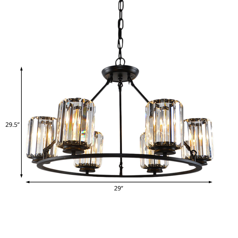 Contemporary Black Round Ceiling Chandelier With Crystal Pendant Lights - Adjustable Chain 4/6/8