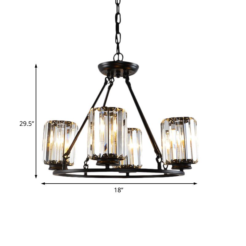 Contemporary Black Round Ceiling Chandelier With Crystal Pendant Lights - Adjustable Chain 4/6/8