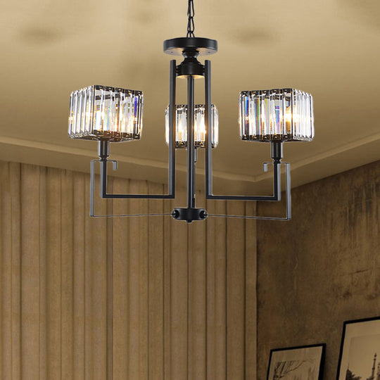 Retro Black Crystal Pendant Chandelier 3/6 Bulbs Square Design