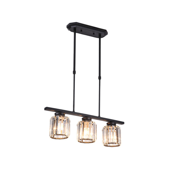 Nordic Black Crystal Ceiling Light For Living Room - Cylinder Island Pendant With 3/4 Bulbs