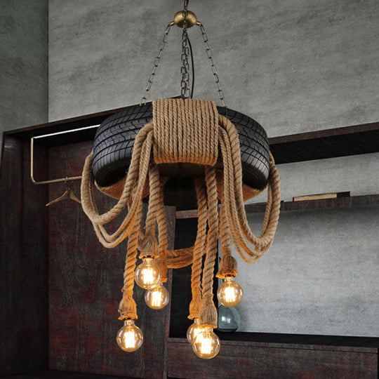 6-Head Antique Tyre Ceiling Light Fixture with Hemp Rope Chandelier in Black