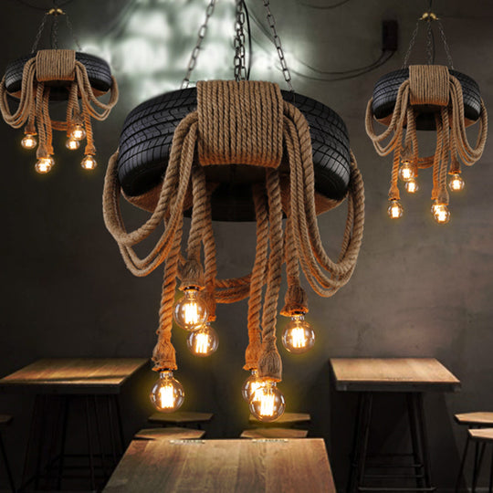 6-Head Antique Tyre Ceiling Light Fixture with Hemp Rope Chandelier in Black