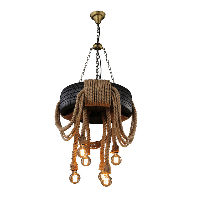 6-Head Antique Tyre Ceiling Light Fixture with Hemp Rope Chandelier in Black