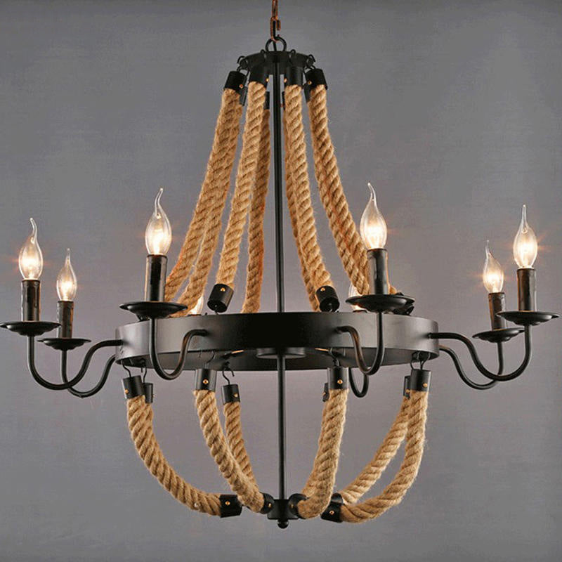 Rustic Iron Flaxen Candlestick Chandelier - Pendant Lighting With Hemp Rope For Living Room