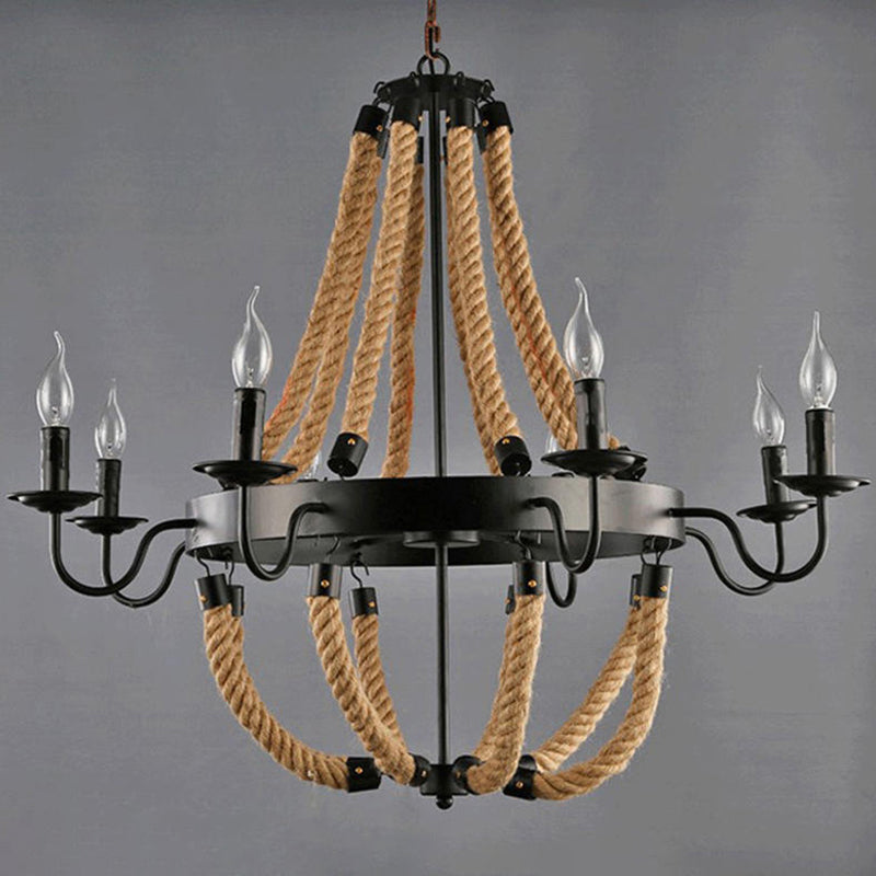 Rustic Iron Candlestick Chandelier with Hemp Rope - Flaxen Pendant Lighting for Living Room