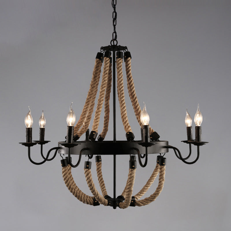 Industrial Black Circle Iron Ceiling Light with Hemp Rope - Ideal for Restaurants