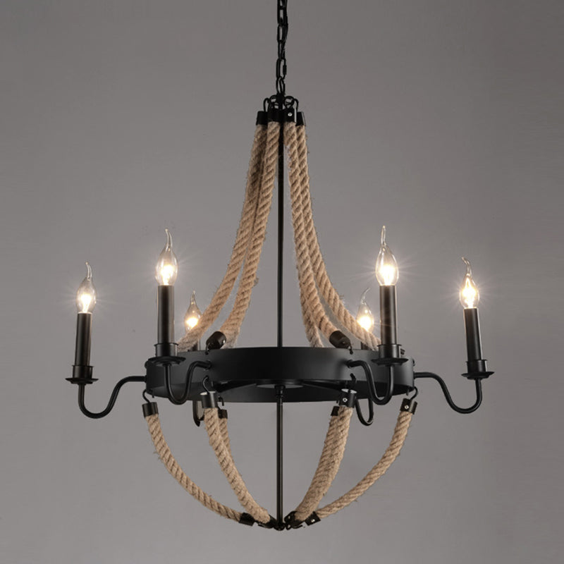 Industrial Black Circle Iron Ceiling Light with Hemp Rope - Ideal for Restaurants