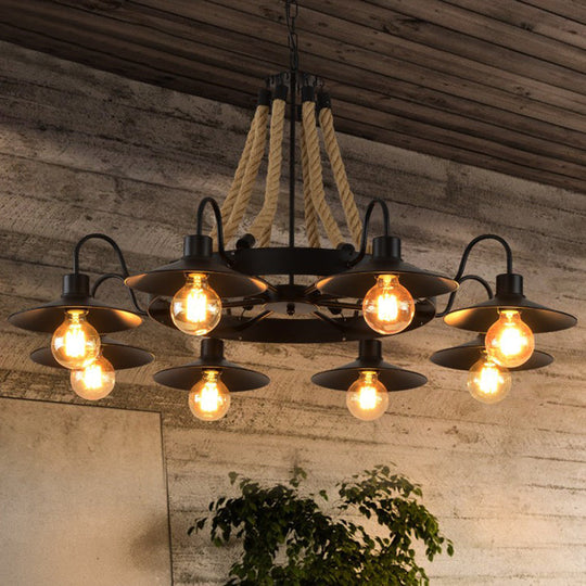 Industrial Black Circle Iron Ceiling Light with Hemp Rope - Ideal for Restaurants