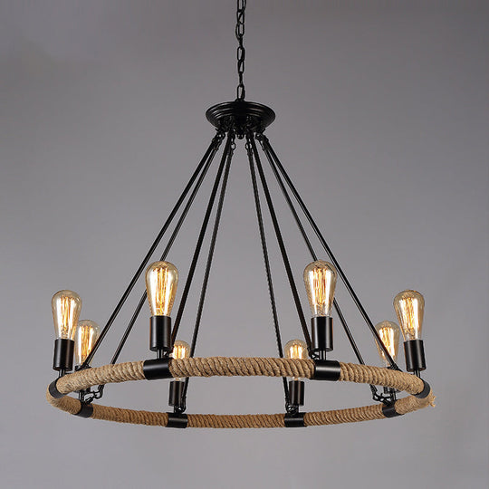 Industrial Black Circle Iron Ceiling Light with Hemp Rope - Ideal for Restaurants