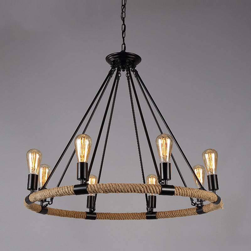 Industrial Circle Iron Ceiling Lighting Chandelier With Hemp Rope In Black 8 / A