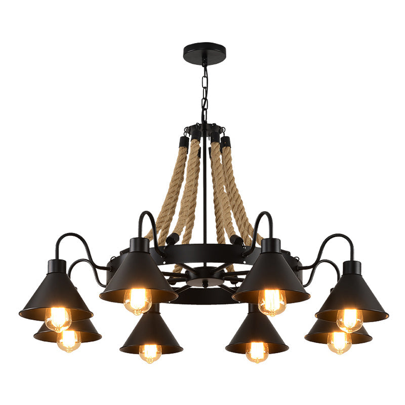 Industrial Circle Iron Ceiling Lighting Chandelier With Hemp Rope In Black