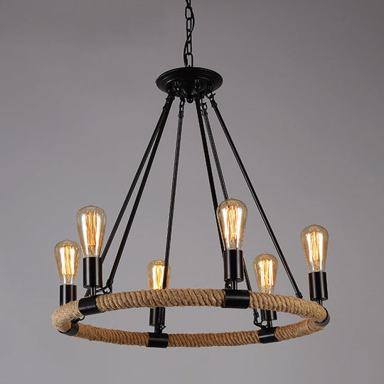 Industrial Circle Iron Ceiling Lighting Chandelier With Hemp Rope In Black 6 / A