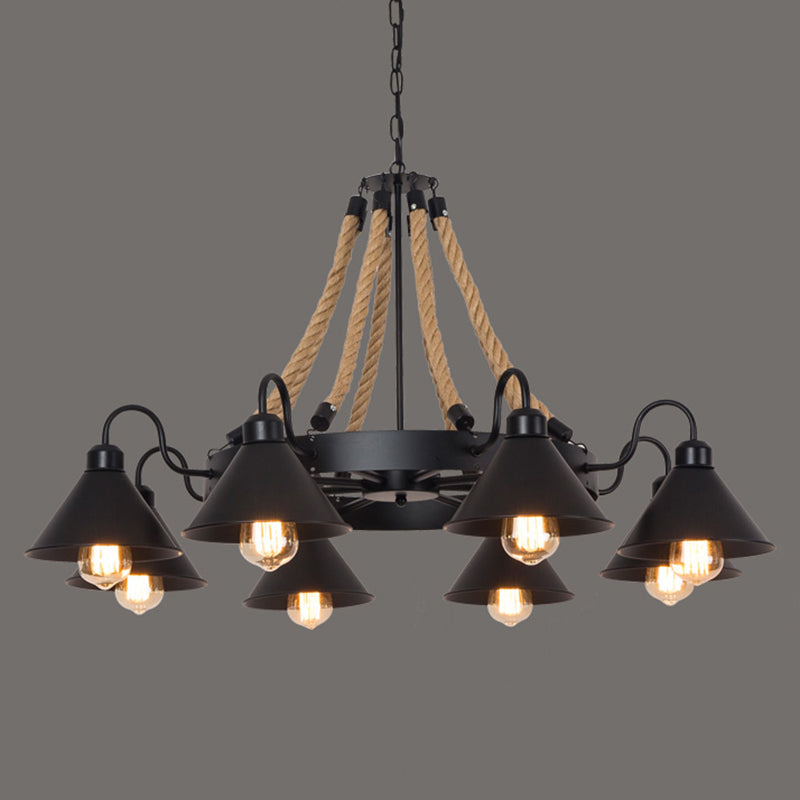 Industrial Circle Iron Ceiling Lighting Chandelier With Hemp Rope In Black 8 / C