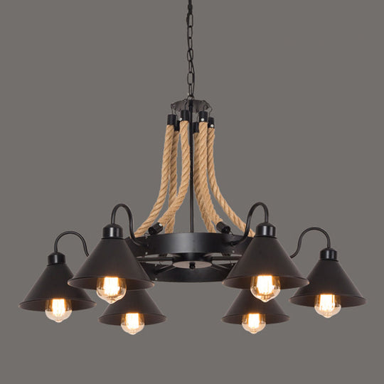 Industrial Black Circle Iron Ceiling Light with Hemp Rope - Ideal for Restaurants