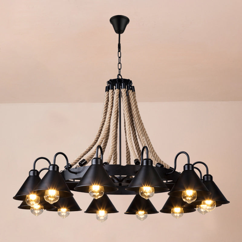 Vintage Iron Wheel Chandelier Pendant Light With Hemp Rope - Black For Restaurants / 44 A