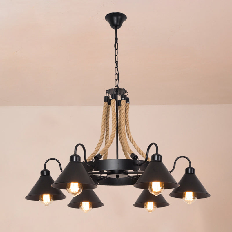 Vintage Iron Wheel Chandelier Pendant Light With Hemp Rope - Black For Restaurants / 34.5 A