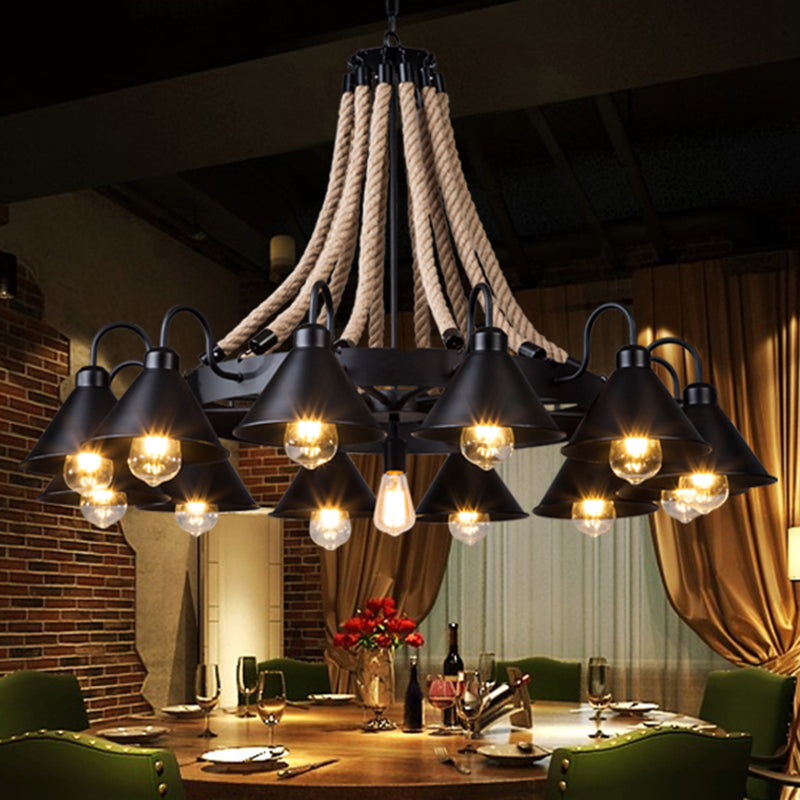 Antique Style Iron Restaurant Pendant Light Fixture - Black Conical Shade Chandelier With Hemp Rope