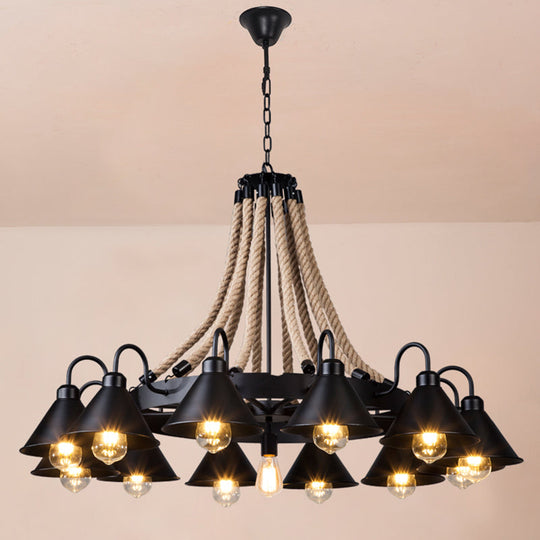 Antique Style Iron Chandelier with Black Conical Shade and Hemp Rope Pendant Lighting for Restaurants