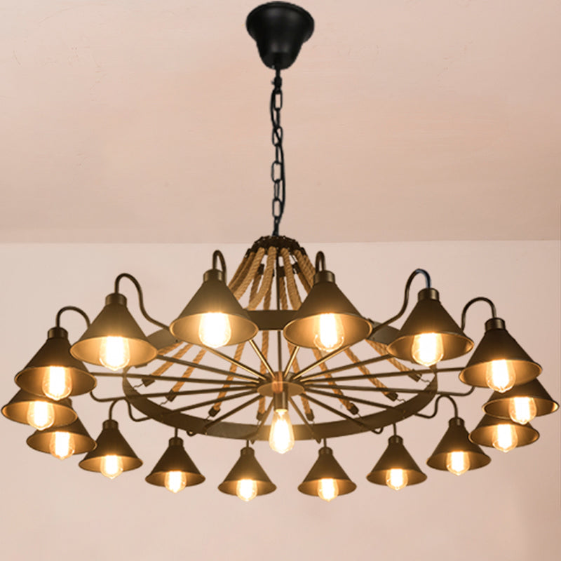 Antique Style Iron Chandelier with Black Conical Shade and Hemp Rope Pendant Lighting for Restaurants