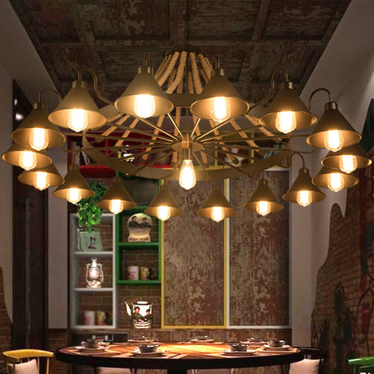 Antique Style Iron Chandelier with Black Conical Shade and Hemp Rope Pendant Lighting for Restaurants