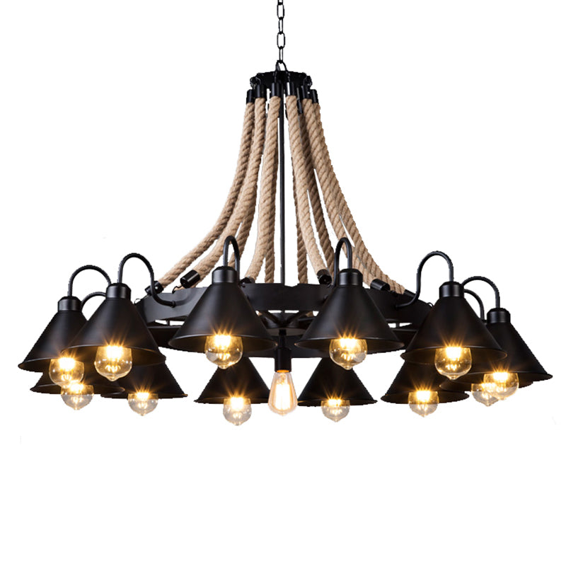 Antique Style Iron Chandelier with Black Conical Shade and Hemp Rope Pendant Lighting for Restaurants