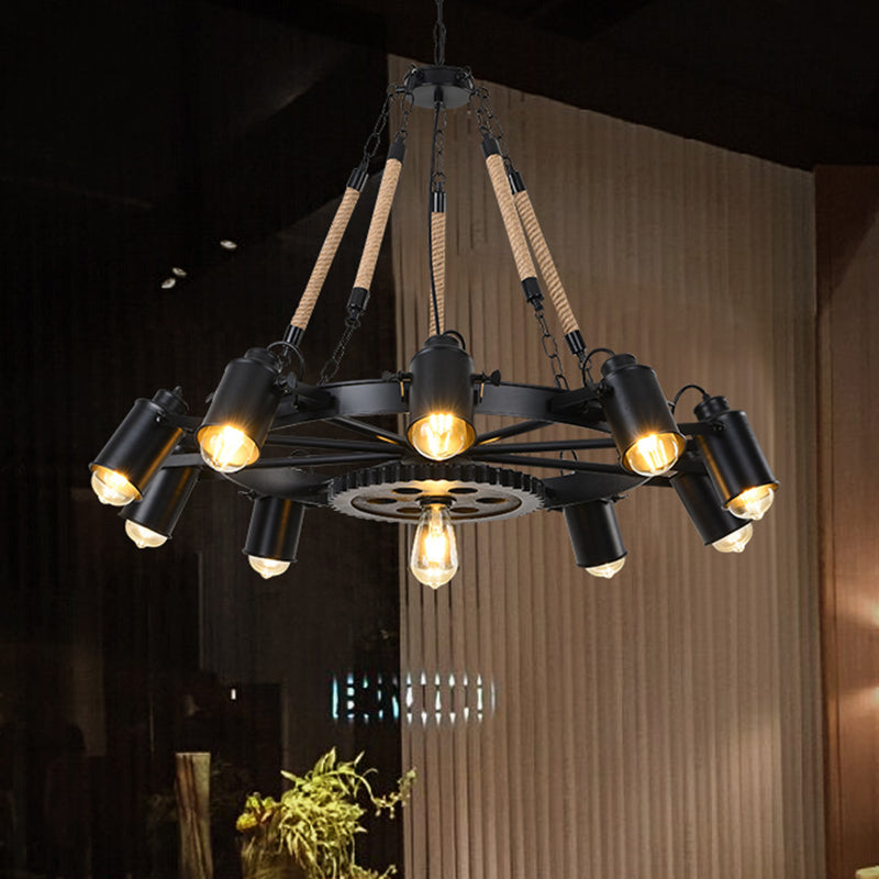 Black Rustic Wheel Suspension Iron Chandelier With Hemp Rope Decor