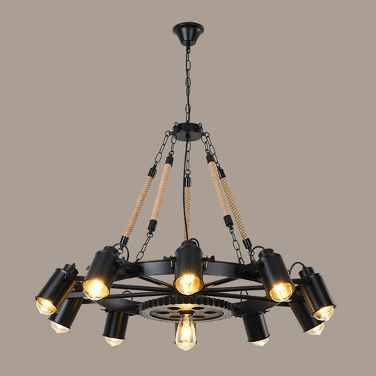 Rustic Wheel Suspension Iron Chandelier with Hemp Rope Decoration - Black