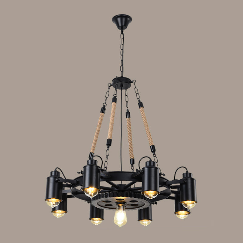 Black Rustic Wheel Suspension Iron Chandelier With Hemp Rope Decor 8 /