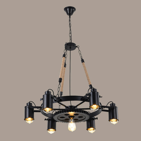 Black Rustic Wheel Suspension Iron Chandelier With Hemp Rope Decor 6 /