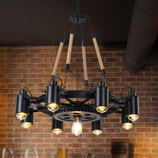 Black Rustic Wheel Suspension Iron Chandelier With Hemp Rope Decor