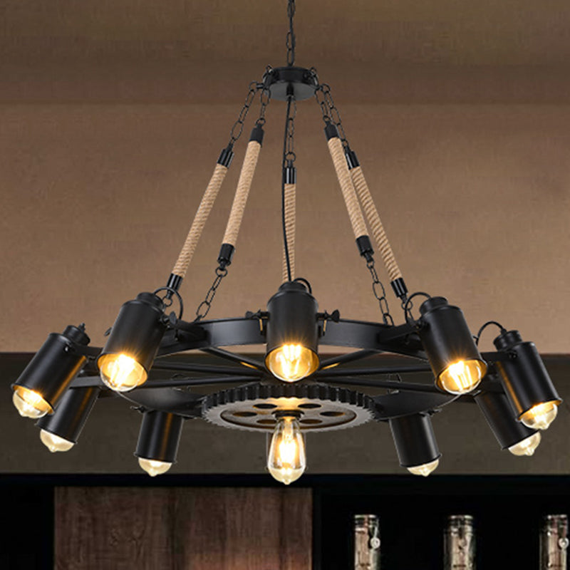 Black Rustic Wheel Suspension Iron Chandelier With Hemp Rope Decor