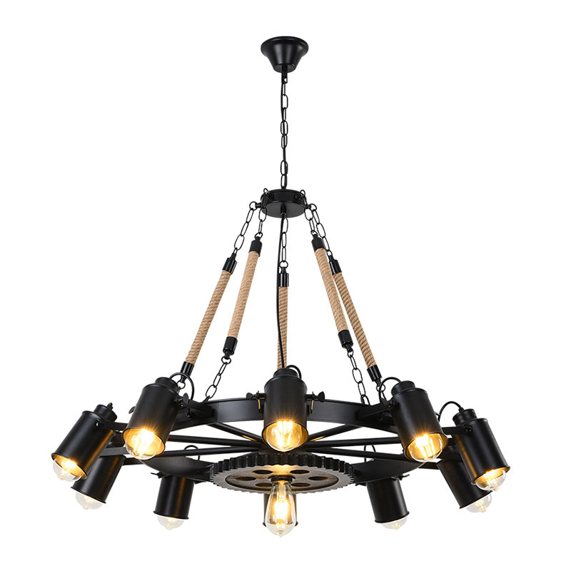 Black Rustic Wheel Suspension Iron Chandelier With Hemp Rope Decor