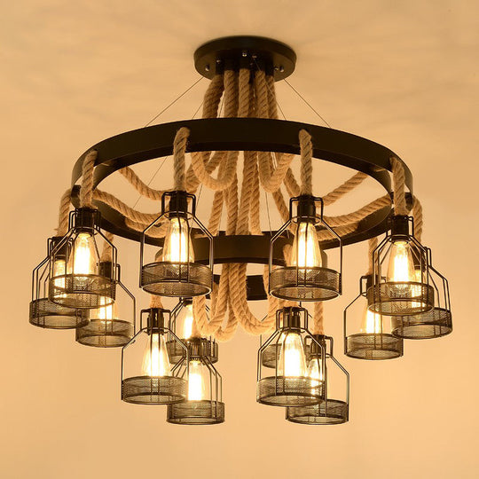 Caged Industrial Chandelier Pendant Light With Hemp Rope In Black 14 /