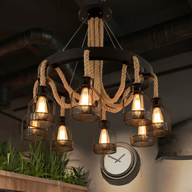 Caged Industrial Chandelier Pendant Light With Hemp Rope In Black 8 /