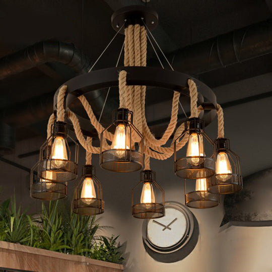 Caged Industrial Chandelier Pendant Light With Hemp Rope In Black 8 /